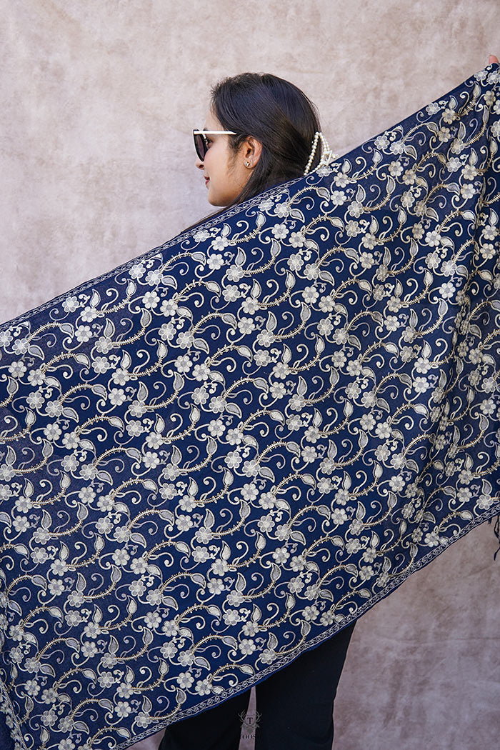 Kashmiri Blue Stole With Embroidery