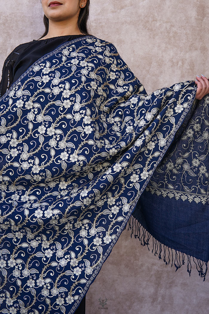 Kashmiri Blue Stole With Embroidery