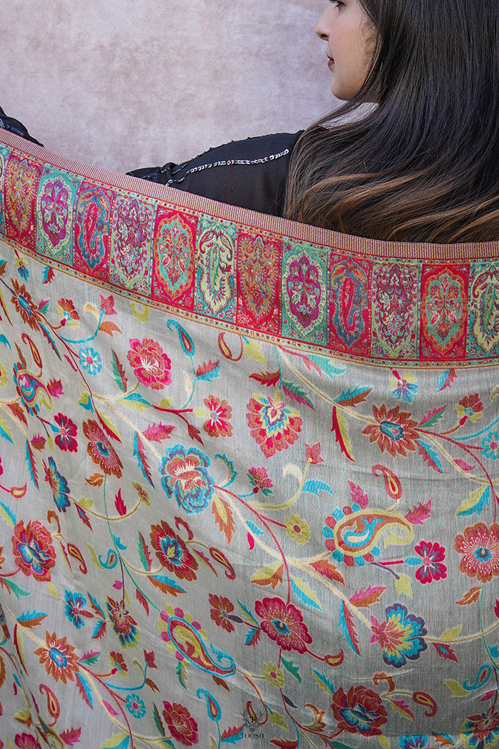 Kashmiri White Silk Dupatta/Odhni