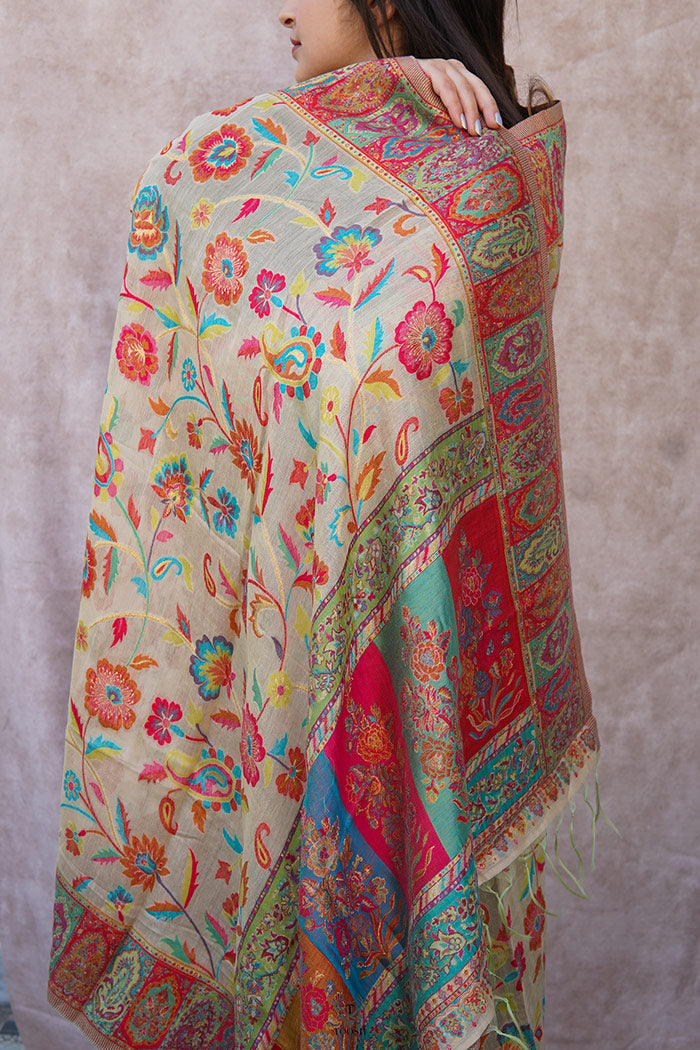 Kashmiri White Silk Dupatta/Odhni