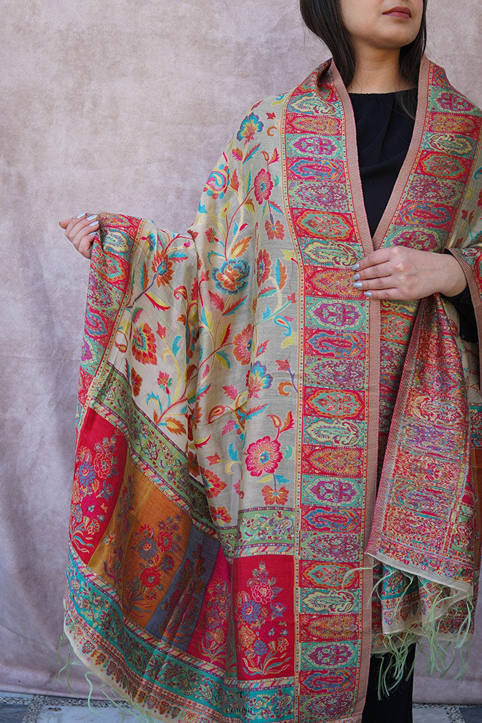 Kashmiri White Silk Dupatta/Odhni