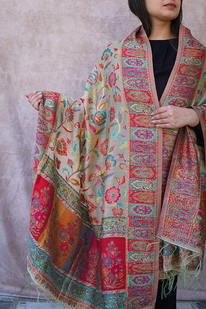Kashmiri White Silk Dupatta/Odhni