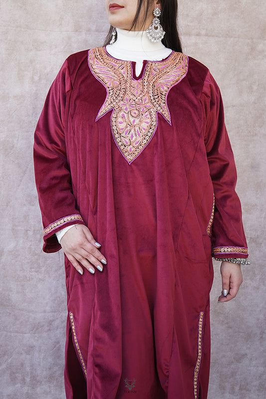 Maroon Velvet Phiran with Puff Tilla Embroidery