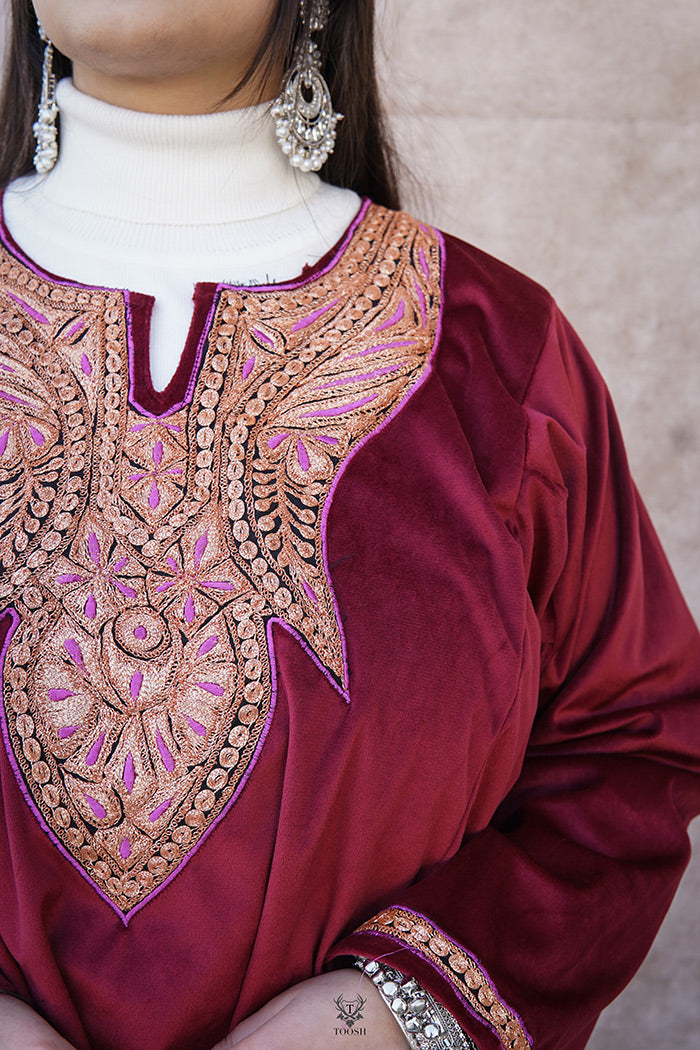 Maroon Velvet Phiran with Puff Tilla Embroidery