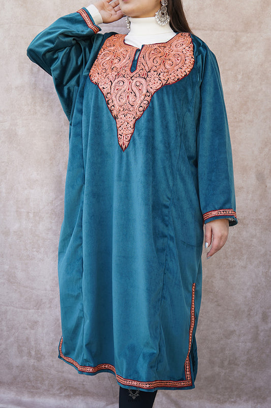 Blue Velvet Phiran With Puff Tilla Embroidery