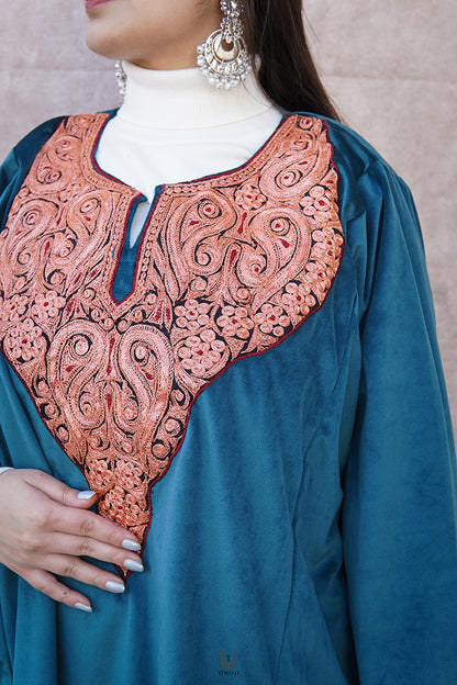 Blue Velvet Phiran With Puff Tilla Embroidery