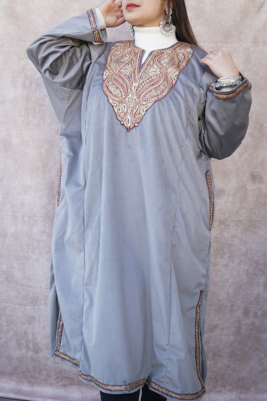 Grey/silver Velvet Phiran with Puff Tilla Embroidery