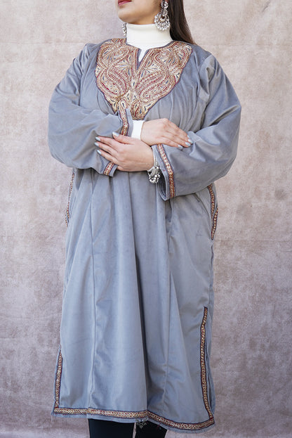 Grey/silver Velvet Phiran with Puff Tilla Embroidery