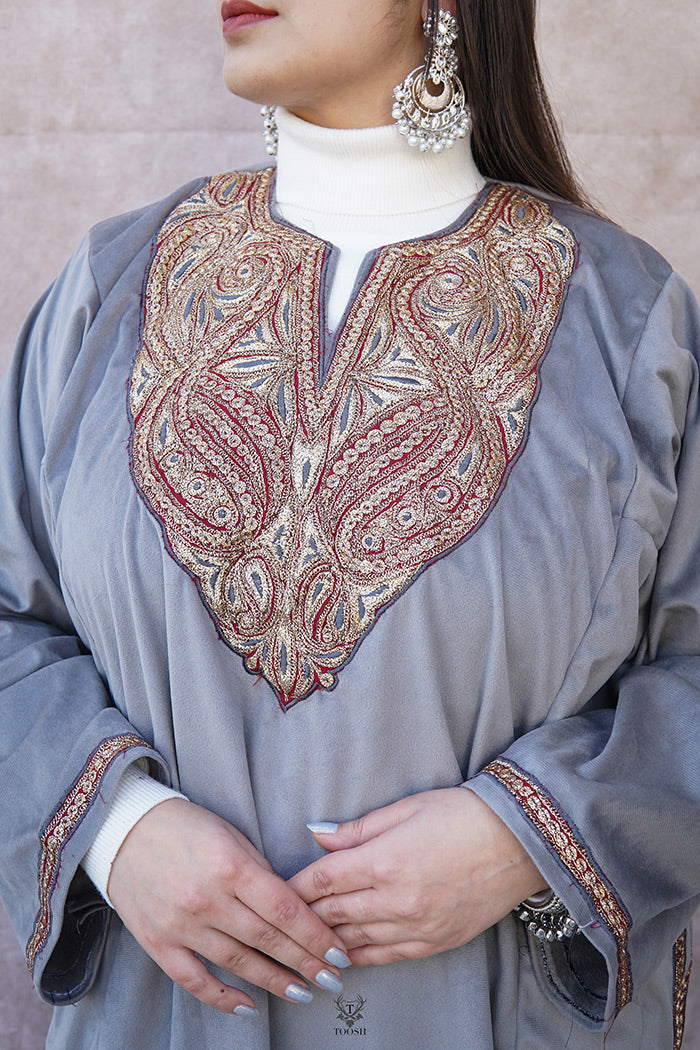 Grey/silver Velvet Phiran with Puff Tilla Embroidery