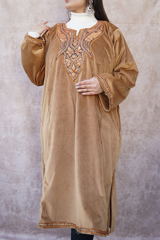 Brown Velvet Phiran with Puff Tilla Embroidery