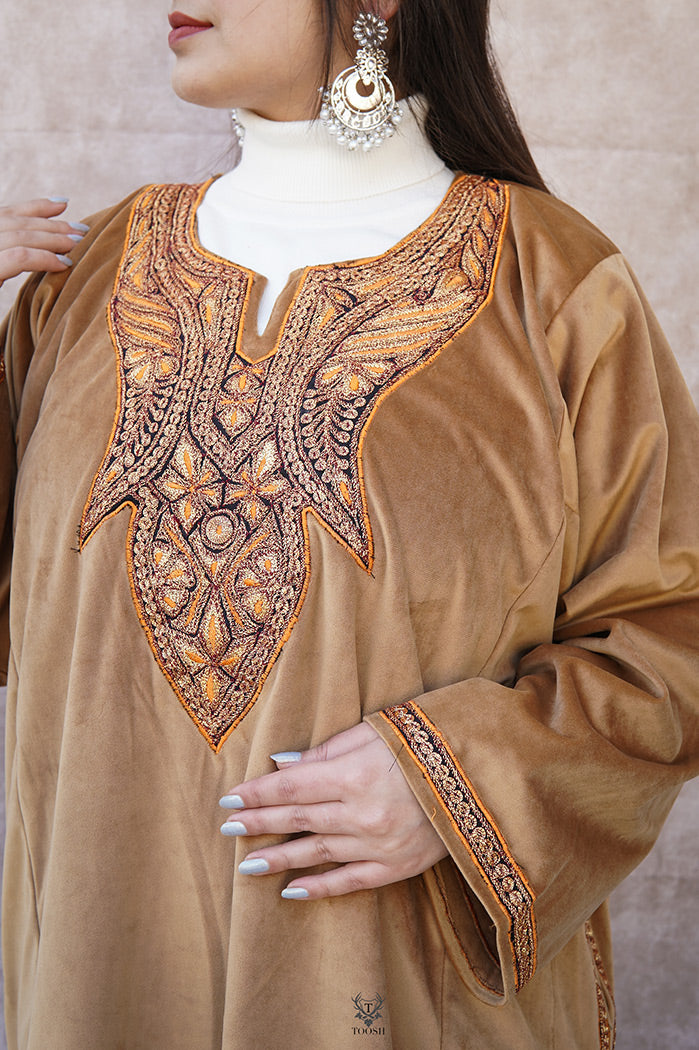 Brown Velvet Phiran with Puff Tilla Embroidery