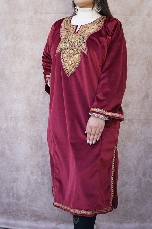 Pink Velvet Phiran with Puff Tilla Embroidery