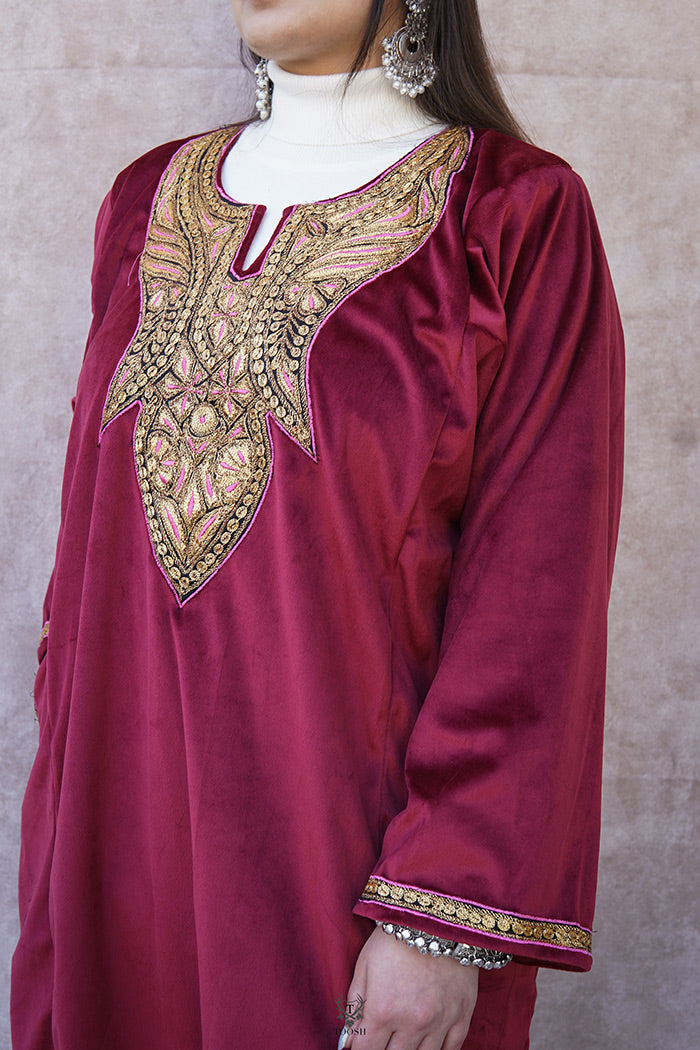 Pink Velvet Phiran with Puff Tilla Embroidery