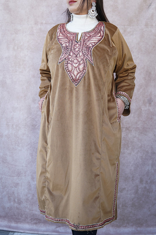 Copper Velvet Phiran with Puff Tilla Embroidery