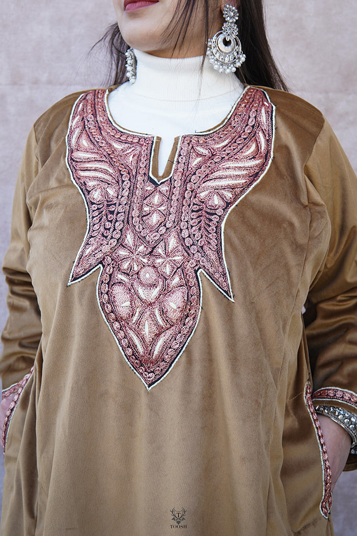 Copper Velvet Phiran with Puff Tilla Embroidery