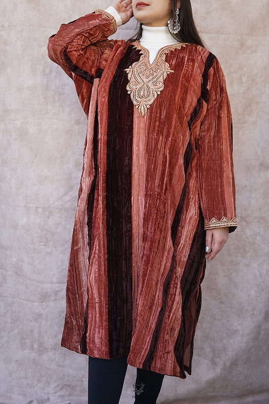 Brown-Rust Crush Velvet Phiran with Puff Tilla Embroidery