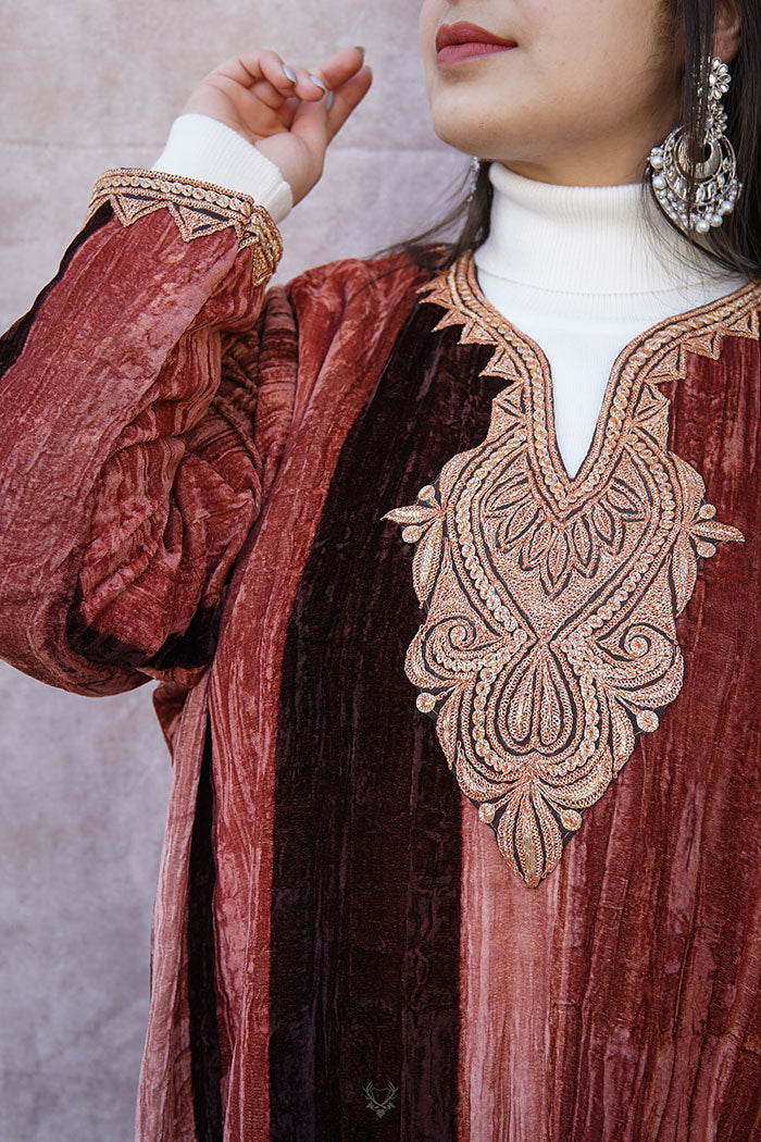 Brown-Rust Crush Velvet Phiran with Puff Tilla Embroidery