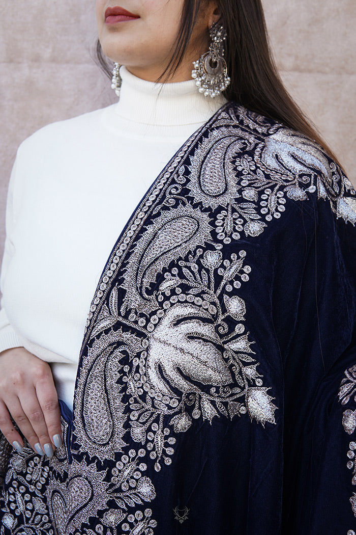 Royal Blue Velvet Shawl with Antique Zari Work