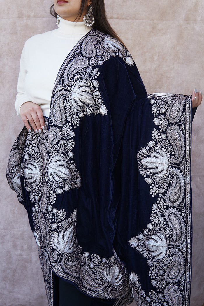 Royal Blue Velvet Shawl with Antique Zari Work