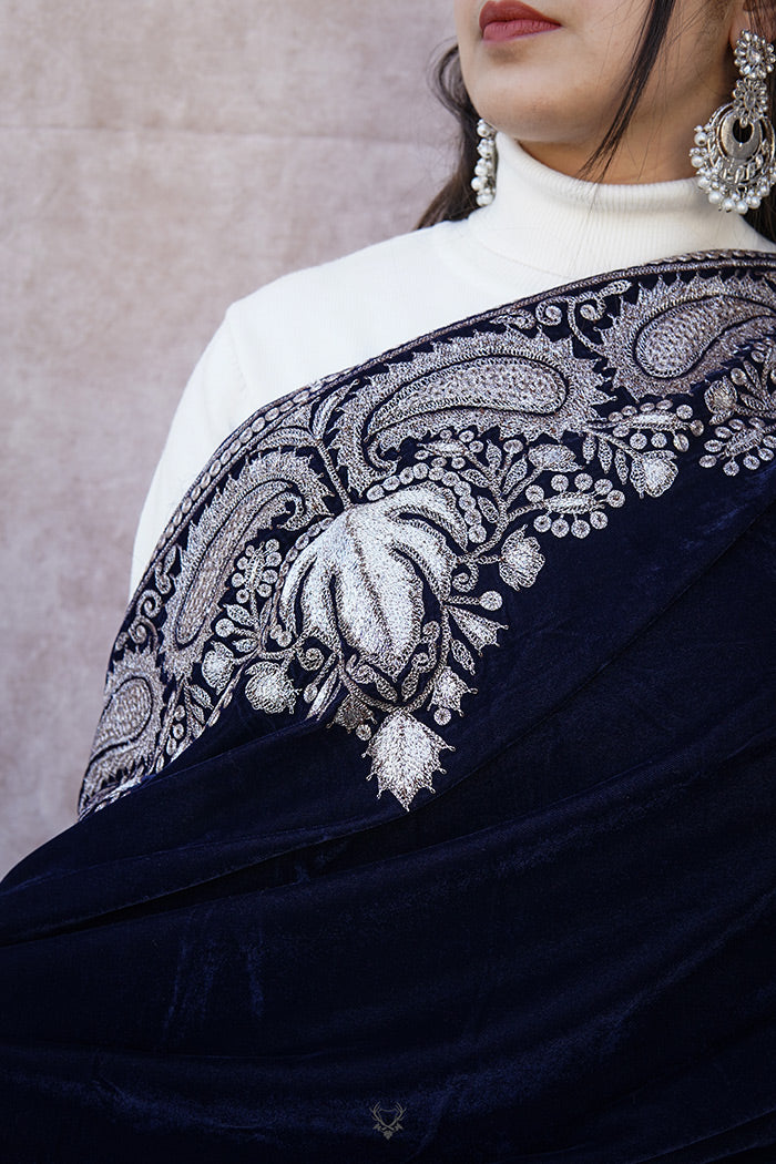 Royal Blue Velvet Shawl with Antique Zari Work