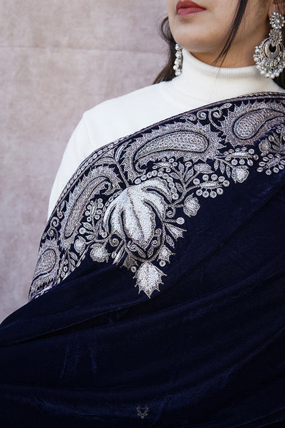 Royal Blue Velvet Shawl with Antique Zari Work