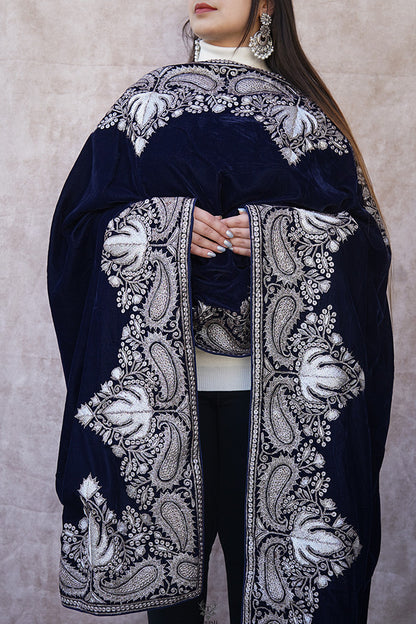Royal Blue Velvet Shawl with Antique Zari Work