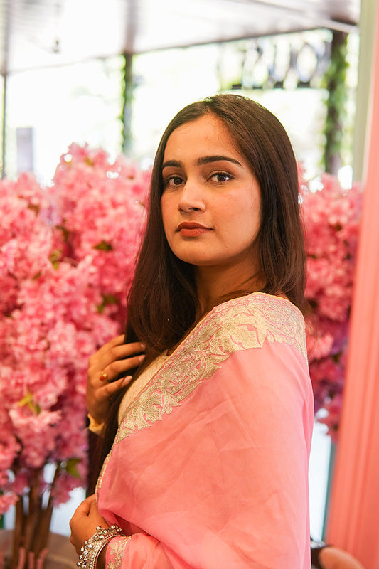 Kashmiri Pink Georgette Cape with Zari Embroidery