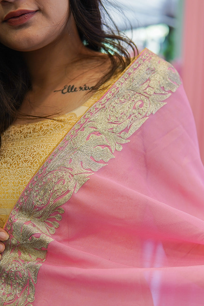 Kashmiri Pink Georgette Cape with Zari Embroidery