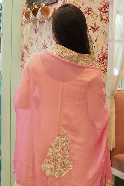 Kashmiri Pink Georgette Cape with Zari Embroidery